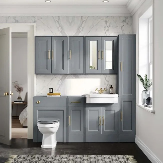 Monaco Dove Grey Combination Vanity Traditional Basin and Hudson Toilet with Wooden Seat 1500mm - Brass Knurled Handles