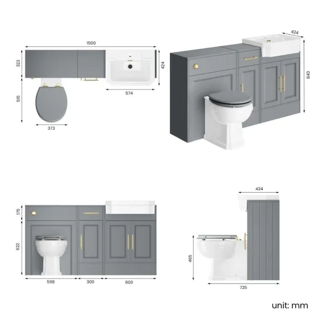 Monaco Dove Grey Combination Vanity Traditional Basin and Hudson Toilet with Wooden Seat 1500mm - Brass Knurled Handles