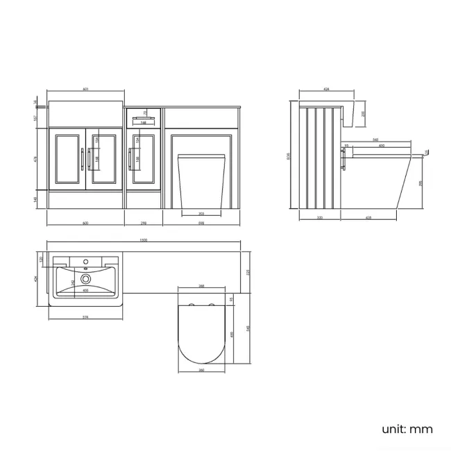 Monaco Dove Grey Combination Vanity Traditional Basin with Marble Top and Boston Toilet 1500mm - Brass Knurled Handles