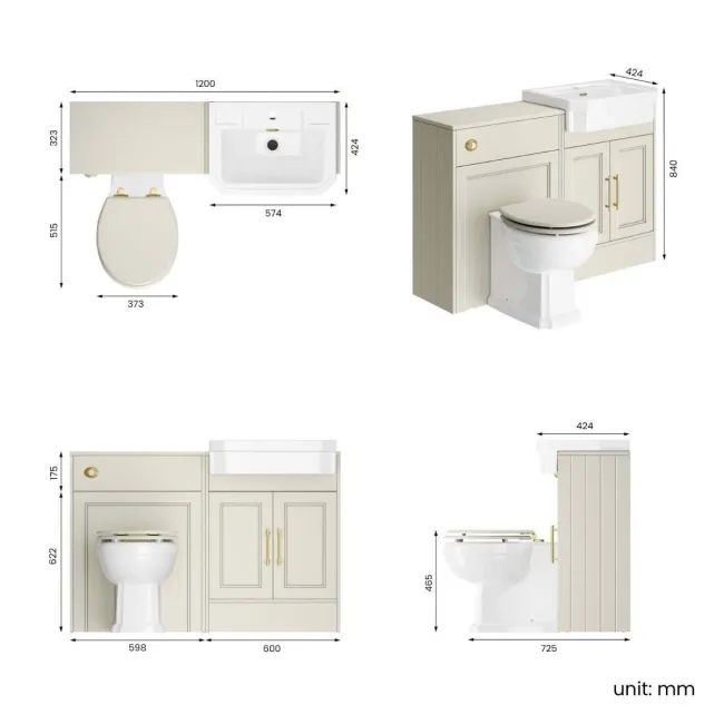 Monaco Chalk White Combination Vanity Traditional Basin and Hudson Toilet with Wooden Seat 1200mm - Brass Knurled Handles