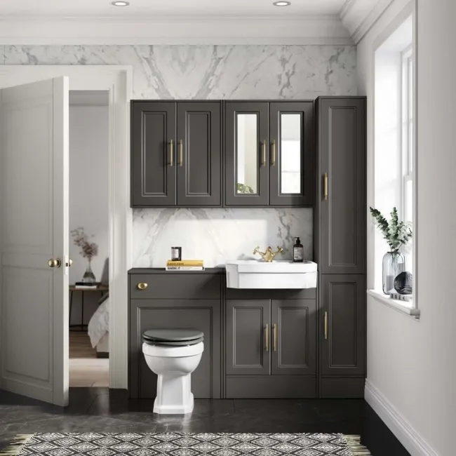 Monaco Graphite Grey Combination Vanity Traditional Basin and Hudson Toilet with Wooden Seat 1200mm - Brass Knurled Handles