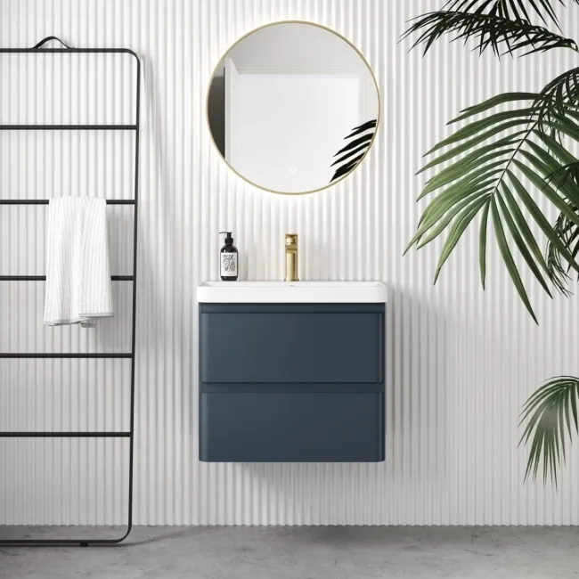 Corsica Inky Blue Wall Hung Slimline Basin Drawer Vanity 600mm