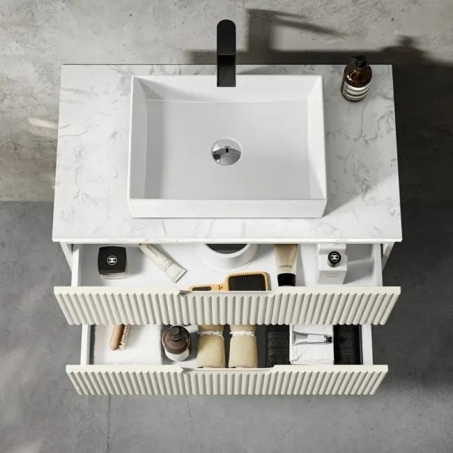 Crete Fluted Linen White Wall Hung Drawer Vanity with Marble Top & Cody Basin 800mm