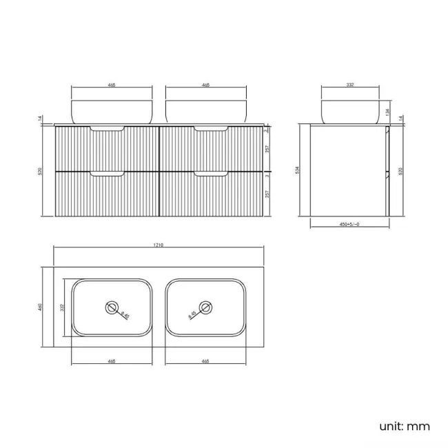 Crete Fluted Navy Blue Double Wall Hung Drawer Vanity with Marble Top & Curved Basin 1200mm
