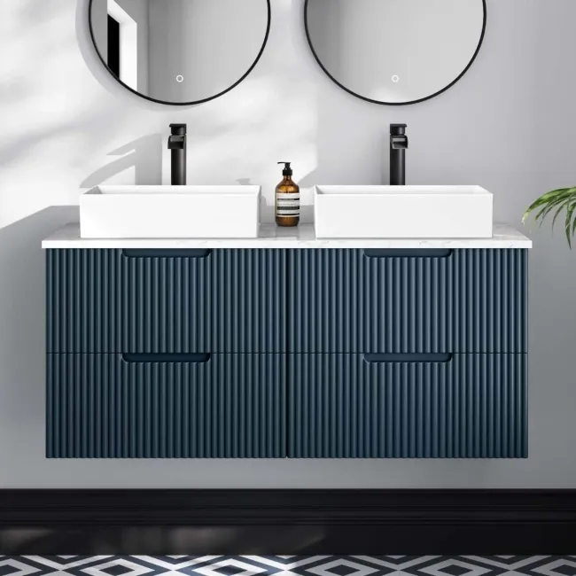 Crete Fluted Navy Blue Double Wall Hung Drawer Vanity with Marble Top & Cody Basin 1200mm