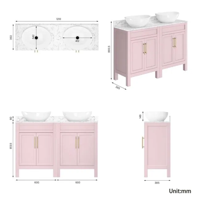 Bermuda Cashmere Pink Vanity with Marble Top & Oval Counter Top Basin 1200mm - Brass Knurled Handles