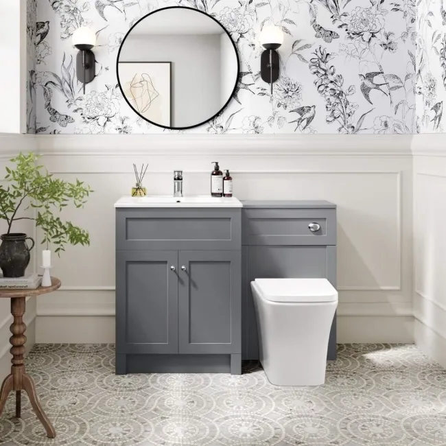 Milos Fog Grey Combination Vanity Basin and Houston Toilet 1100mm - Chrome Handles