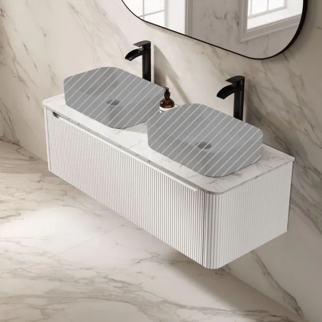 Sorrento Fluted Coastal White Double Wall Hung Drawer Vanity with Marble Top 1200mm - Excludes Counter Top Basin