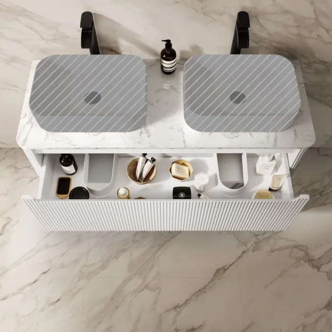 Sorrento Fluted Coastal White Double Wall Hung Drawer Vanity with Marble Top 1200mm - Excludes Counter Top Basin