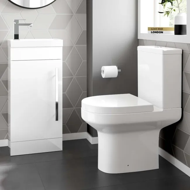 Avon Gloss White Cloakroom Floor Standing Basin Vanity 400mm and Toilet Set