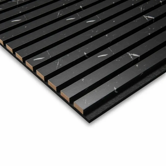 Trepanel Design® Black Marble Effect on Black Felt Acoustic Wood Slat Panels