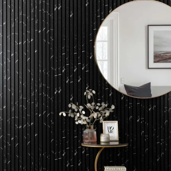 Trepanel Design® Black Marble Effect on Black Felt Acoustic Wood Slat Panels