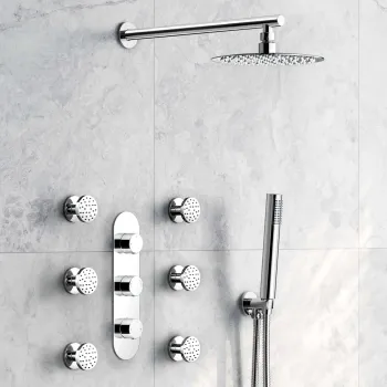 Ballina Premium Chrome Round Thermostatic Set - 200mm Head, Hand Shower & Body Jets