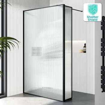 Munich Fluted Effect Matt Black Framed 8mm Wet Room Shower Glass 1100mm & 250mm Pivotal Return Panel