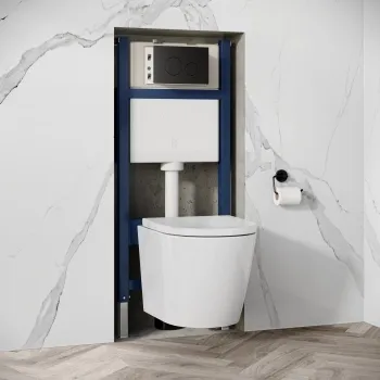 Idaho Pneumatic Wall Hung Toilet Frame and Concealed Cistern with Matt Black Flush Plate - Round Buttons