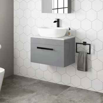 Avon Stone Grey Wall Hung Drawer Vanity with Marble Top & Curved Counter Top Basin 600mm - Black Accents