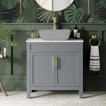 Bermuda Dove Grey Cabinet with Marble Top 800mm Excludes Counter Top Basin - Brass Knurled Handles
