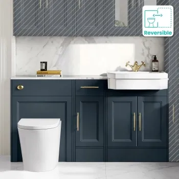 Monaco Inky Blue Combination Vanity Traditional Basin with Marble Top and Boston Toilet 1500mm - Brass Knurled Handles