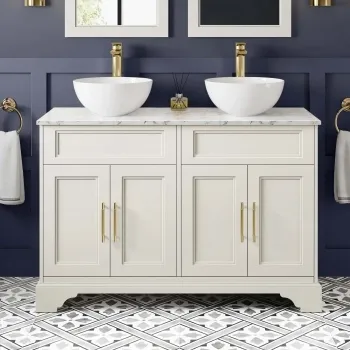 Lucia Chalk White Double Vanity with Marble Top & Round Counter Top Basin 1200mm - Brass Knurled Handles