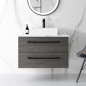 Elba Charcoal Elm Wall Hung Drawer Vanity with Marble Top & Cody Basin 800mm - Black Accents