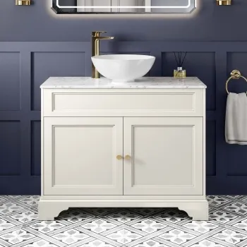 Lucia Chalk White Vanity with Marble Top & Round Counter Top Basin 1030mm - Brushed Brass Accents