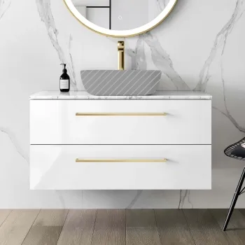 Elba Gloss White Wall Hung Drawer Vanity 1000mm Excludes Counter Top Basin - Brushed Brass Accents