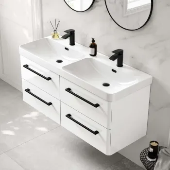 Omaha Gloss White Wall Hung Double Basin Drawer Vanity 1200mm - Black Accents