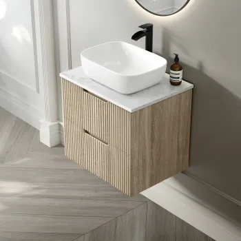 Crete Fluted Apex Oak Wall Hung Drawer Vanity with Marble Top & Curved Basin 600mm