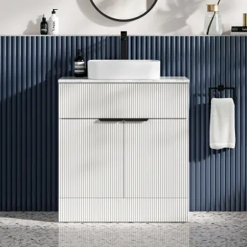 Havana Fluted Coastal White Cabinet with Marble Top & Marin Basin 800mm - Black Accents