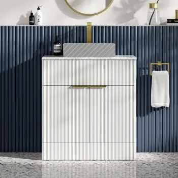 Havana Fluted Coastal White Cabinet with Marble Top 800mm (Excludes Counter Top Basin) - Brushed Brass Accents