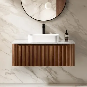 Sorrento Fluted Black Walnut Wall Hung Drawer Vanity with Marble Top & Marin Basin 1000mm