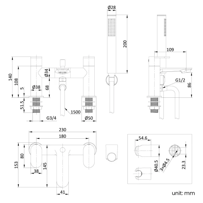 Avill Matt Black Bath Filler & Handheld Shower