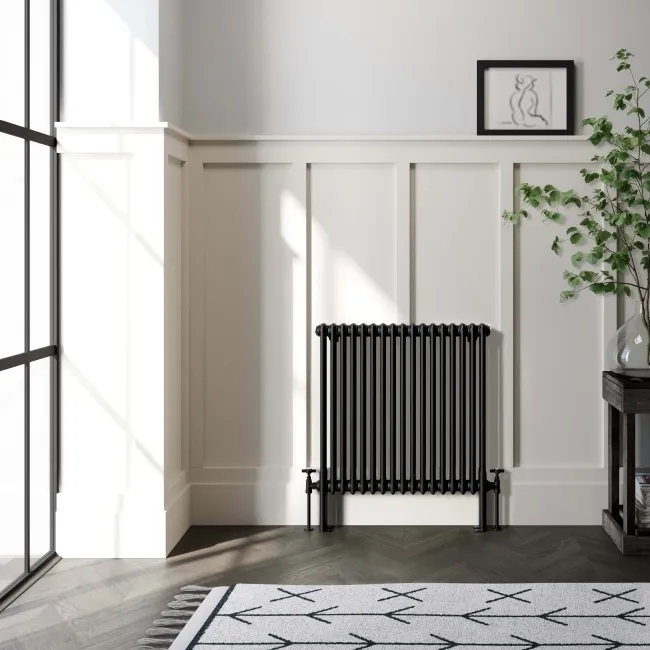 Athens Matt Black Double Column Horizontal Traditional Radiator 750x785mm