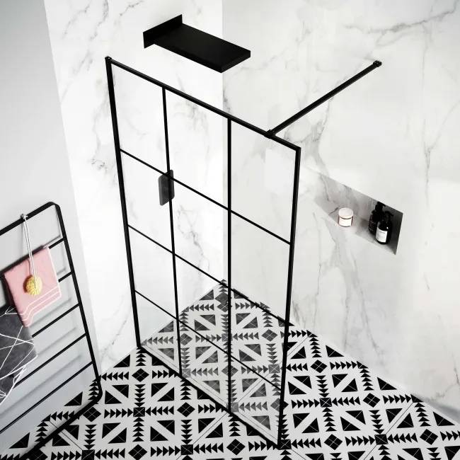 Munich Matt Black Grid Easy Clean 8mm Wet Room Shower Glass Panel 1200mm