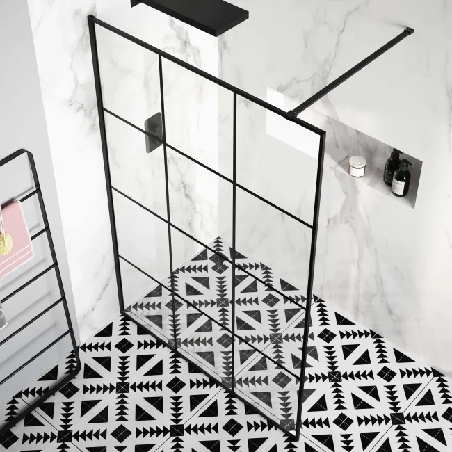 Munich Matt Black Grid Easy Clean 8mm Wet Room Shower Glass Panel 1400mm