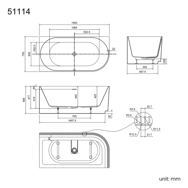 Barnet 1500mm Fluted Curved Corner Bath - Left Handed