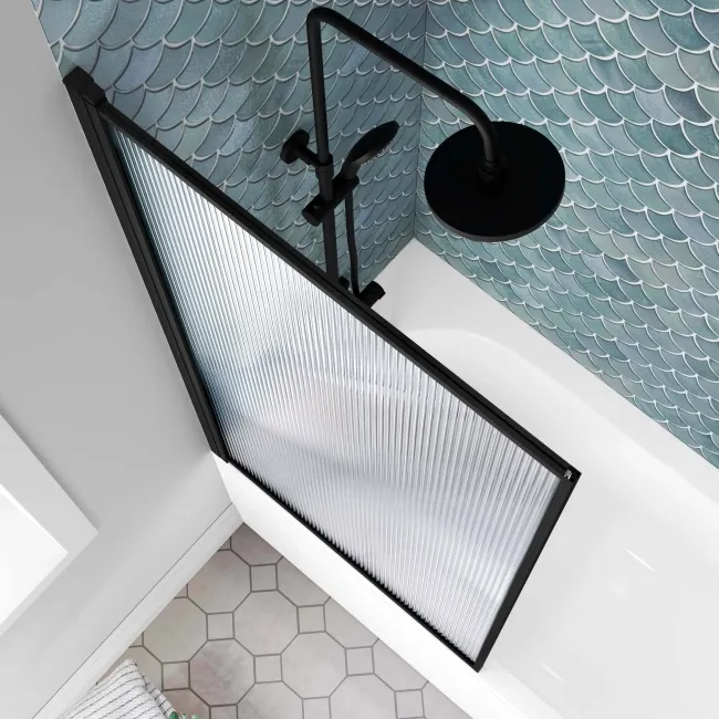 Fiji Easy Clean Fluted Matt Black Framed Bath Screen - 800mm