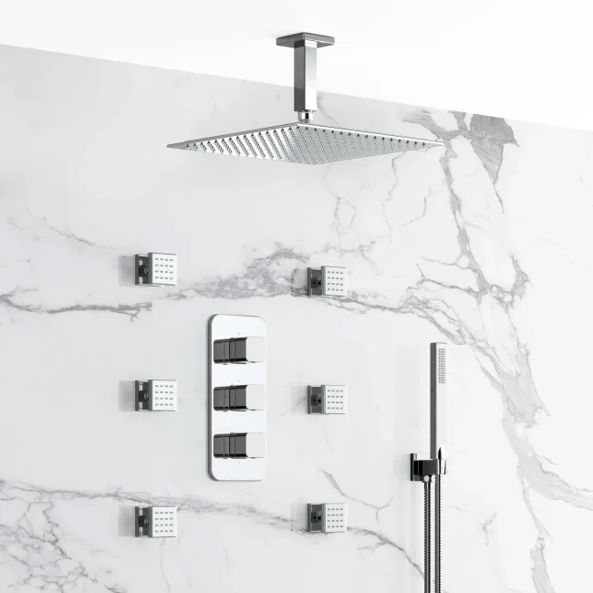 Galway Premium Ceiling Chrome Square Thermostatic Set - 300mm Head, Hand Shower & Jets