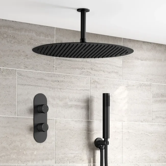 Ballina Premium Ceiling Matt Black Round Thermostatic Shower Set - 400mm Head & Hand Shower