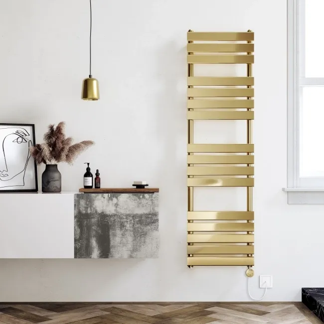 Santorini Electric Brushed Brass Flat Panel Heated Towel Rail 1600x450mm