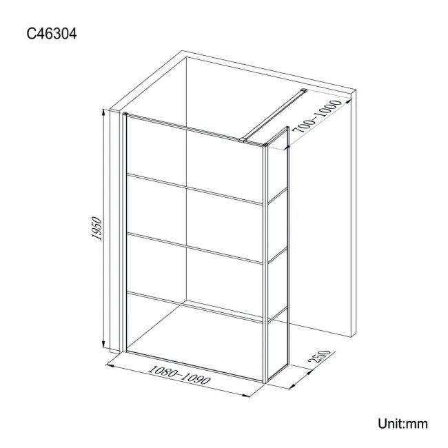 Munich Matt Black Grid 8mm Wet Room Shower Glass 1100mm & 250mm Return Panel