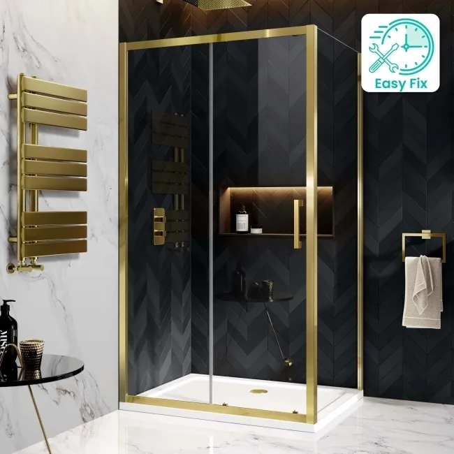 Hamburg Brushed Brass Easy Clean 8mm Sliding Shower Enclosure 1100x800mm - Easy Fix