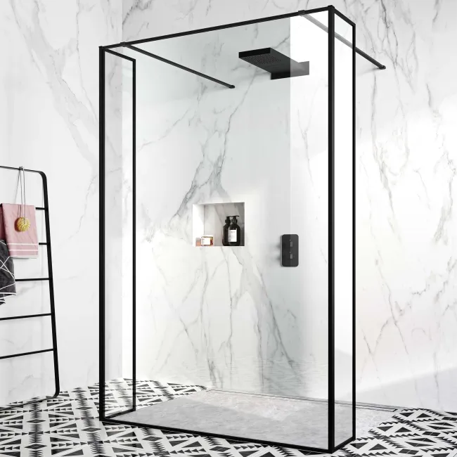 Munich Matt Black Framed 8mm Walk Through Wet Room Shower Glass Panel 1400mm & 250mm Return Panel