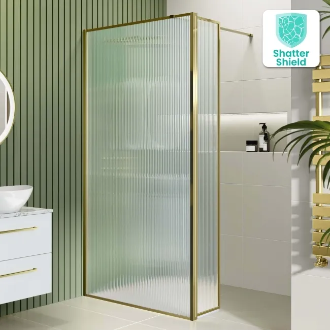 Munich Fluted Effect Brushed Brass 8mm Wet Room Shower Glass 1000mm & 250mm Pivotal Return Panel