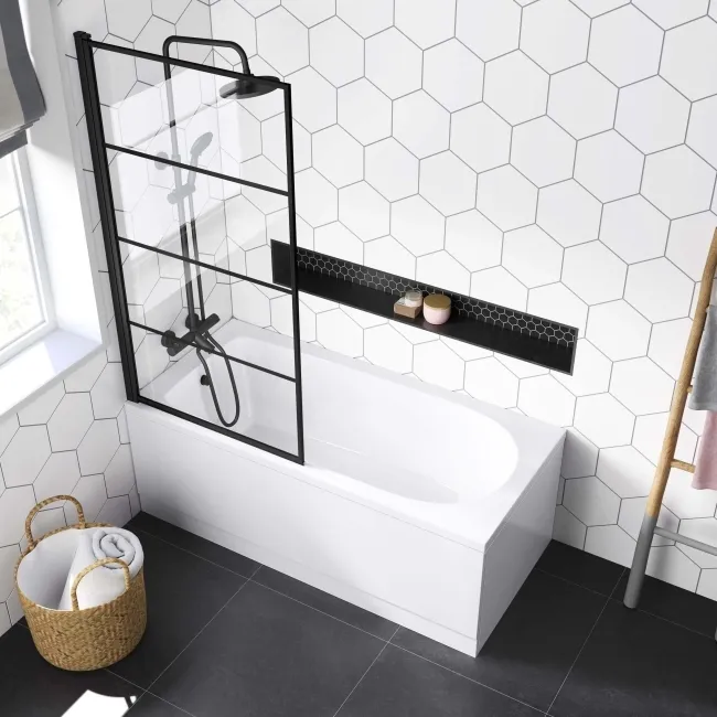 Stafford 1600x700 Round Shower Bath & 6mm Easy Clean Matt Black Grid Bath Screen