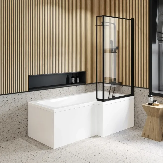 L Shaped 1700 Shower Bath & 6mm Easy Clean Matt Black Framed Bath Screen - Right Handed