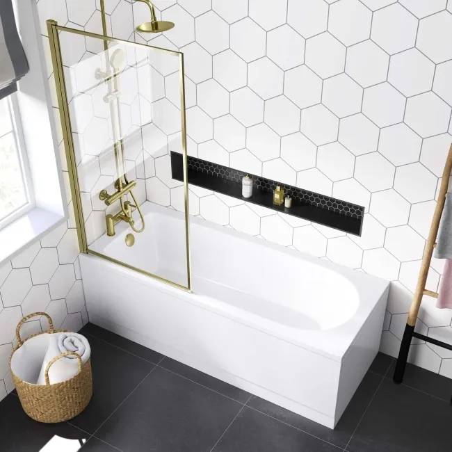 Stafford 1700x700 Round Shower Bath & 6mm Easy Clean Brushed Brass Framed Bath Screen