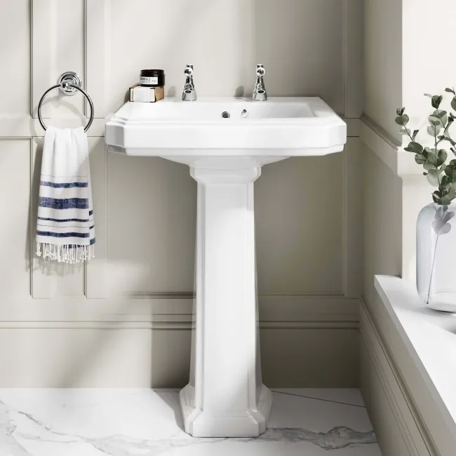 Hudson Traditional Toilet With Inky Blue Seat & Pedestal Basin Set - Double Tap Hole