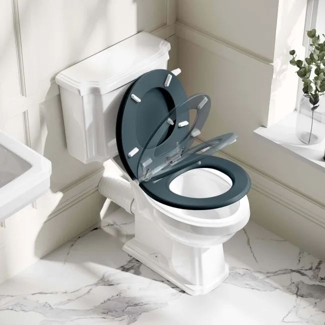 Hudson Traditional Toilet With Inky Blue Seat & Pedestal Basin Set - Double Tap Hole