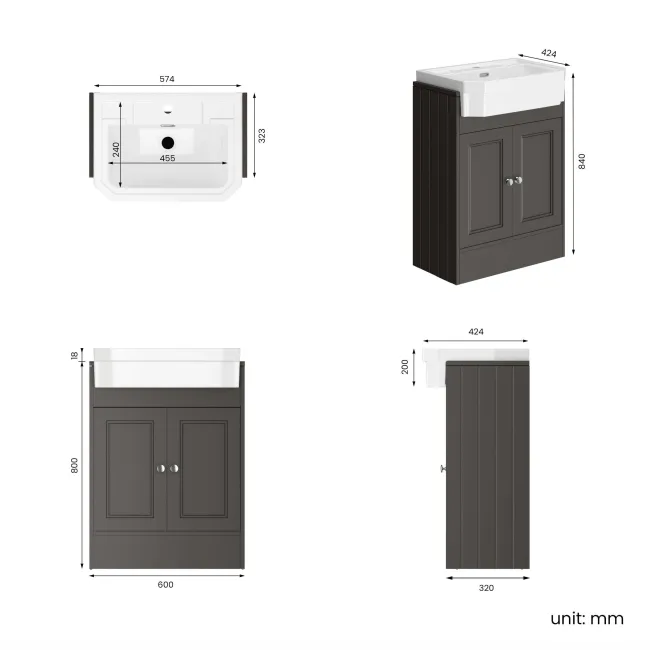 Monaco Graphite Grey Traditional Basin Vanity 600mm